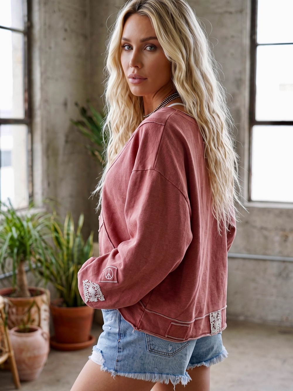 NWT POL Peace Sign Love Criss Cross Sweatshirt Top - Picture 8 of 8